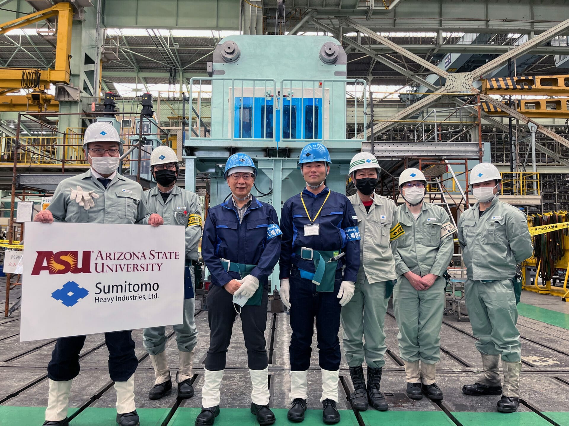 A photograph of Ichiban, our 6000 ton multi-anvil press after passing final testing at Sumitomo